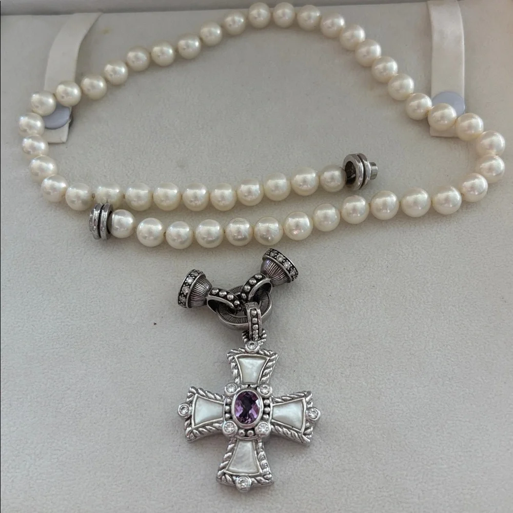Judith Ripka faux pearl necklace with fitting for pendants and MOP Maltese cross